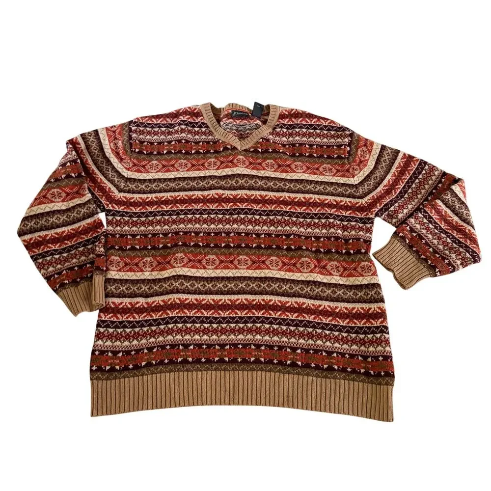 Vtg Y2K 2000s Orange Stipe Pullover Wool Sweater XL Nordic Fair Isle Knit